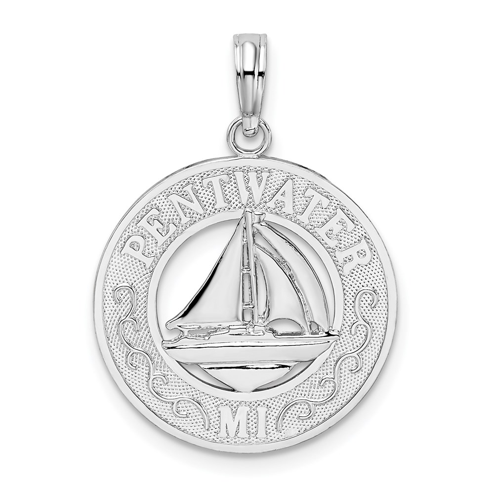 QC10310.jpg De-Ani Sterling Silver Rhodium-Plated Pentwater Michigan Circle with Sailboat Pendant - Image 1