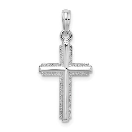 De-Ani Sterling Silver Rhodium-Plated Polished Striped Border Latin Cross Pendant