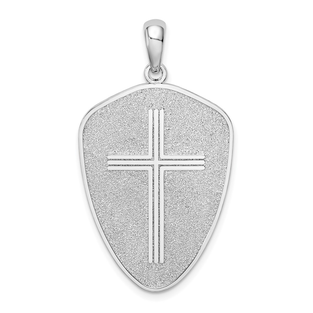 QC10504.jpg De-Ani Sterling Silver Rhodium-Plated Textured Cross Shield Joshua 1:9 Reverse Pendant - Image 1