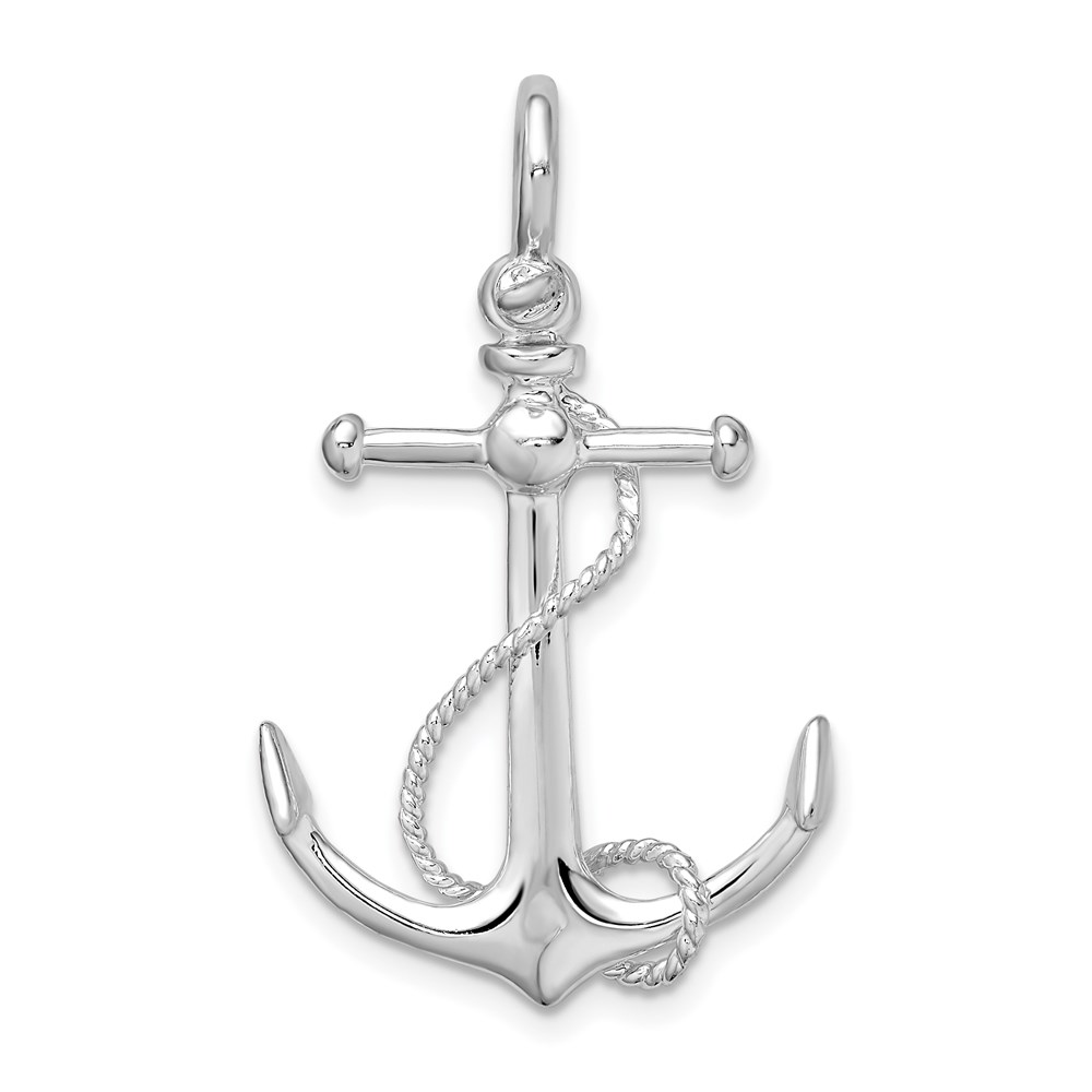 QC10584.jpg De-Ani Sterling Silver Rhodium-Plated Polished 3D Anchor with Rope Pendant - Image 1