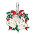 De-Ani Sterling Silver Rhodium-Plated Polished Enameled Bells and Holly Pendant