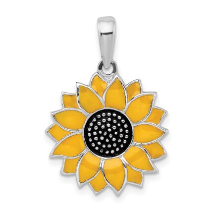 De-Ani Sterling Silver Rhodium-Plated Polished Enameled Sunflower Pendant