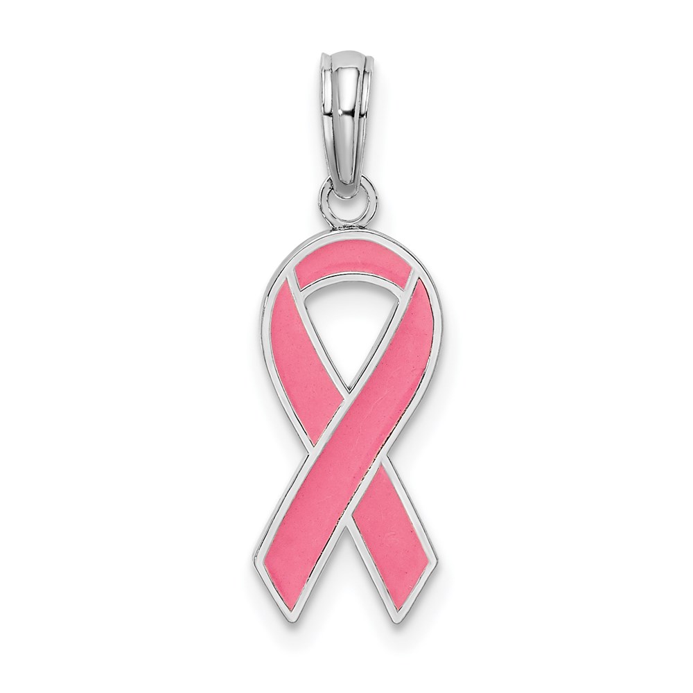 QC10664.jpg De-Ani Sterling Silver Rhodium-Plated Polished Enameled Pink Ribbon Pendant - Image 1