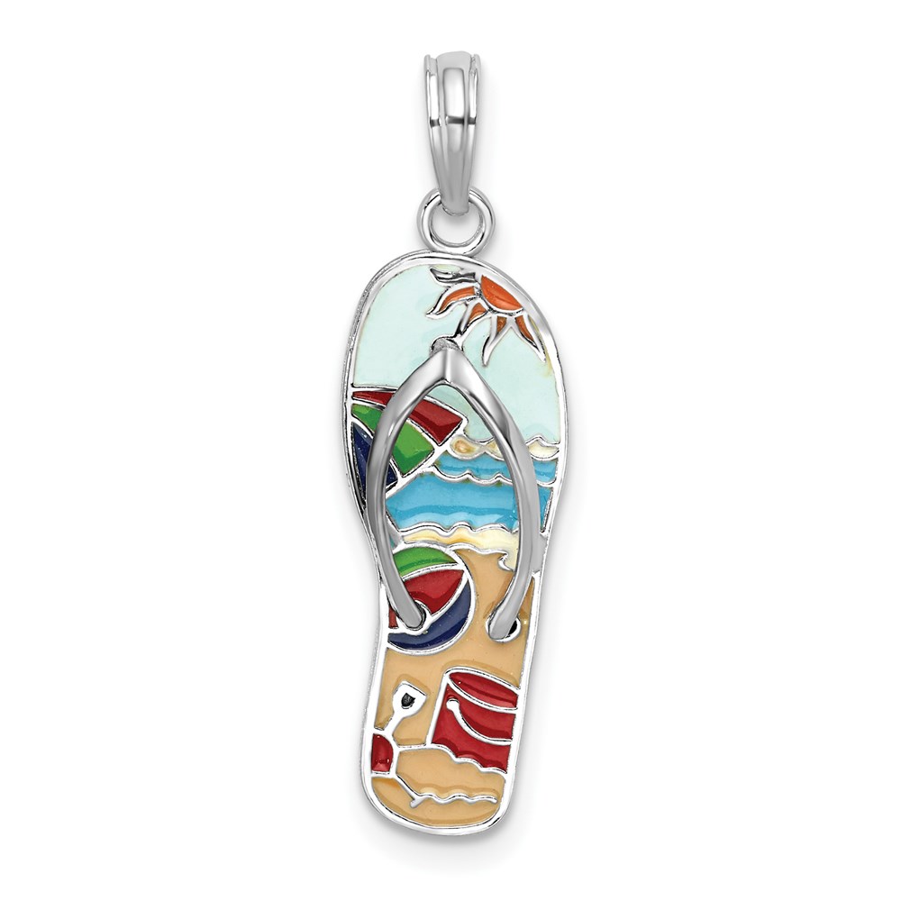 QC10723.jpg De-Ani Sterling Silver Rhodium-Plated 3D Enameled Beach Scene Flip-flop Pendant - Image 1
