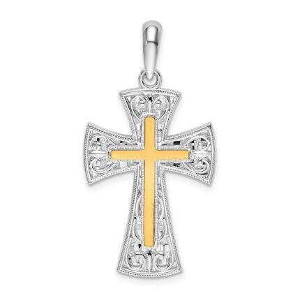 De-Ani Sterling Silver Rhodium-Plated Polished Fancy Cross with 14k Accent Pendant