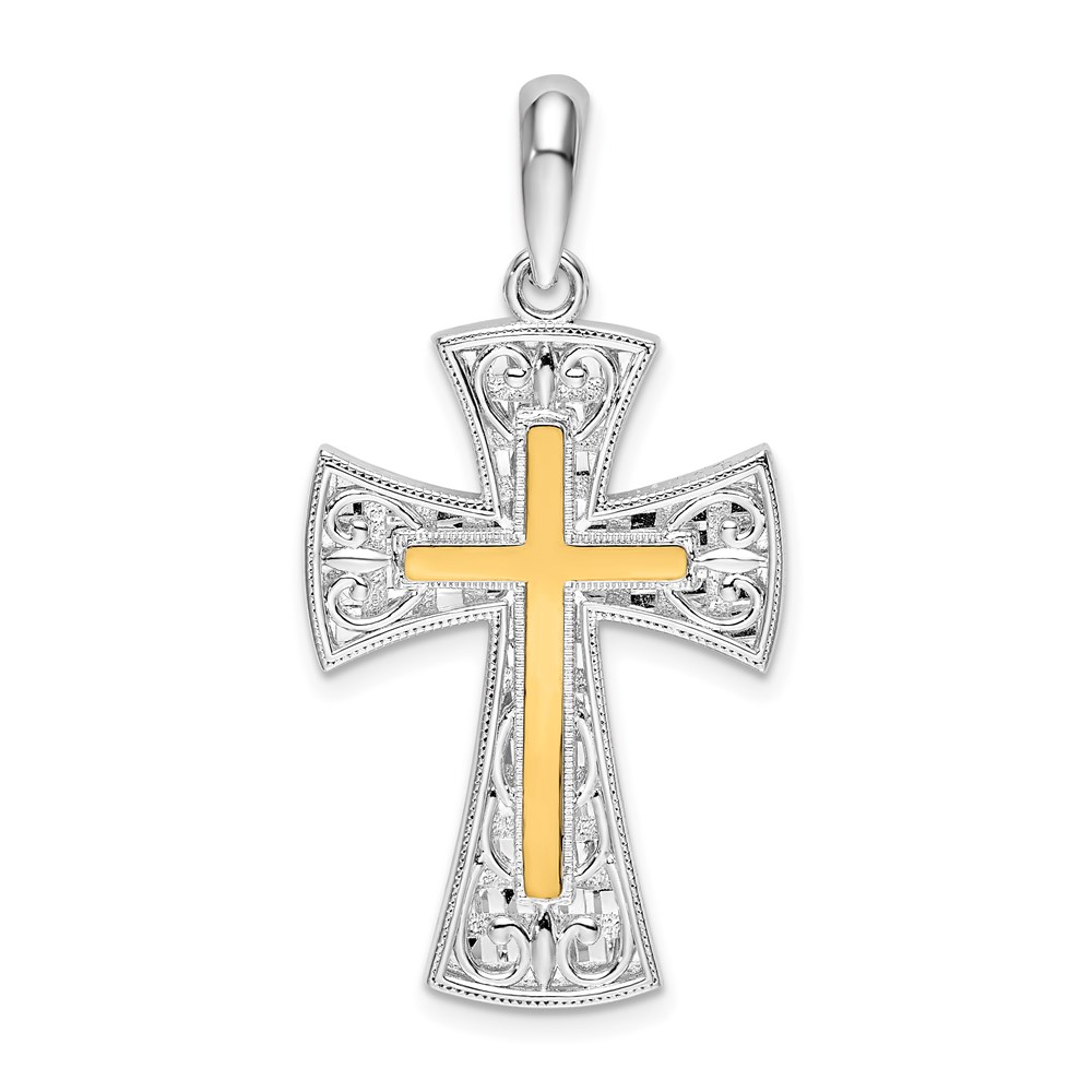 QC10892G.jpg De-Ani Sterling Silver Rhodium-Plated Polished Fancy Cross with 14k Accent Pendant - Image 1