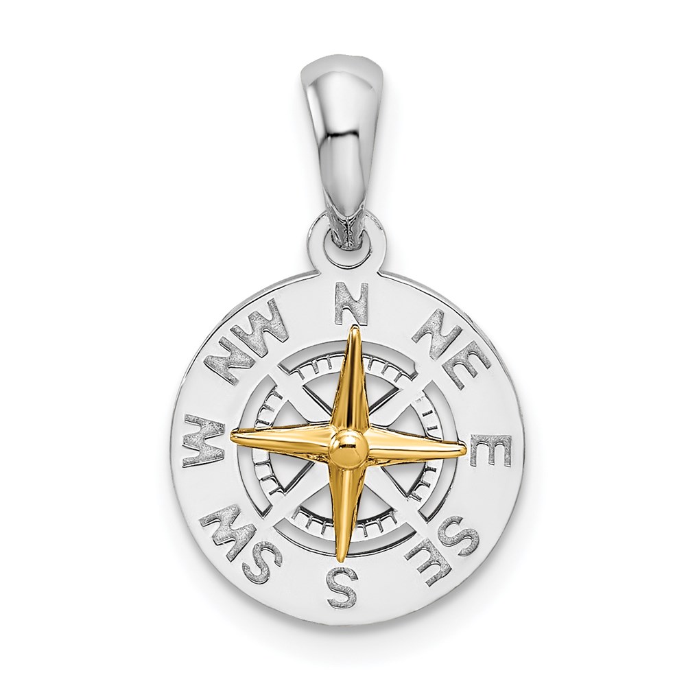 QC10911G.jpg De-Ani Sterling Silver Rhodium-Plated Polished Mini Compass with 14k Needle Pendant - Image 1