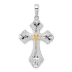 De-Ani Sterling Silver Rhodium-Plated Diamond-Cut Budded Cross with 14k Accent Pendant