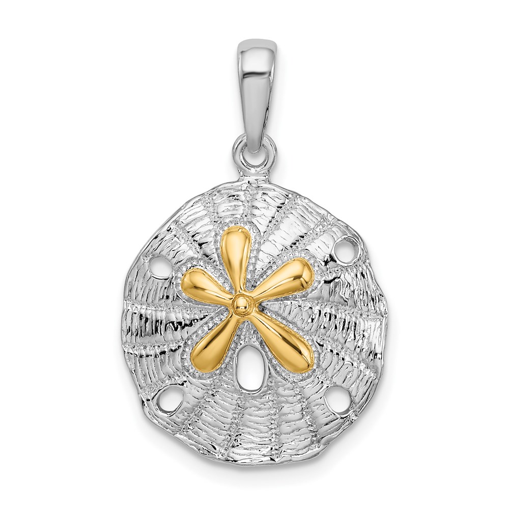 QC10946G.jpg De-Ani Sterling Silver Rhodium-Plated Textured Sand Dollar with 14k Accent Pendant - Image 1