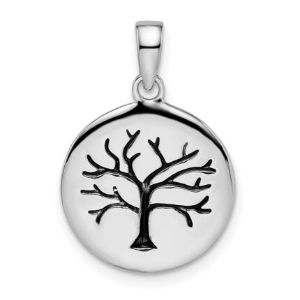 Sterling Silver Rhodium-plated Oxidized Circle Tree Pendant