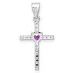 Sterling Silver Rhodium-plated Pink CZ Heart and Clear CZ Cross Pendant - Image 4