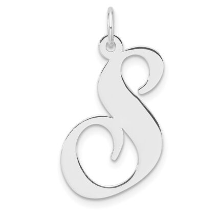 Large Sterling Silver Rhodium-plated Fancy Script Letter S Initial Charm