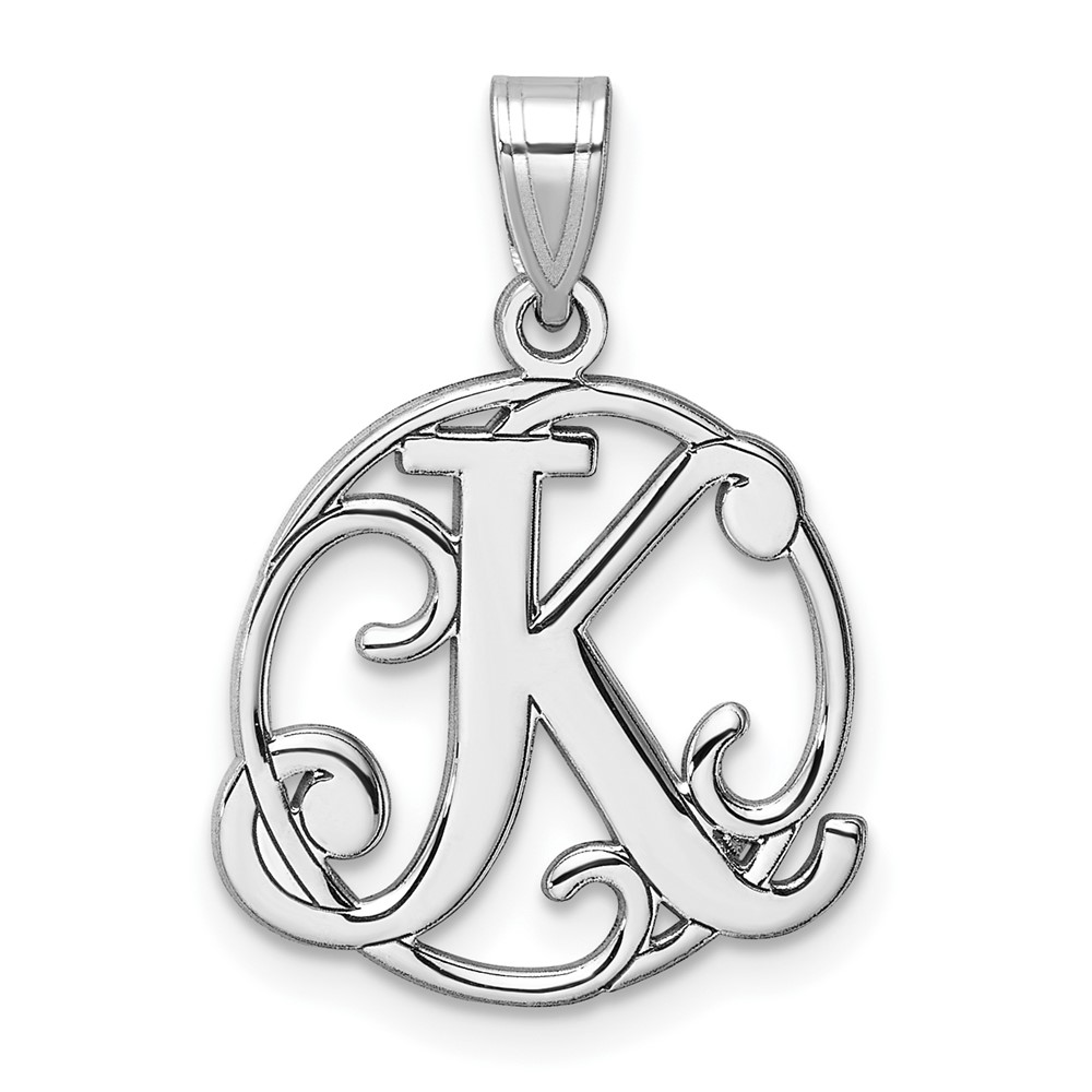 QC11257K.jpg Small Sterling Silver Rhodium-plated Fancy Script Letter K Initial Pendant - Image 1