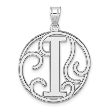 Large Sterling Silver Rhodium-plated Fancy Script Letter I Initial Pendant