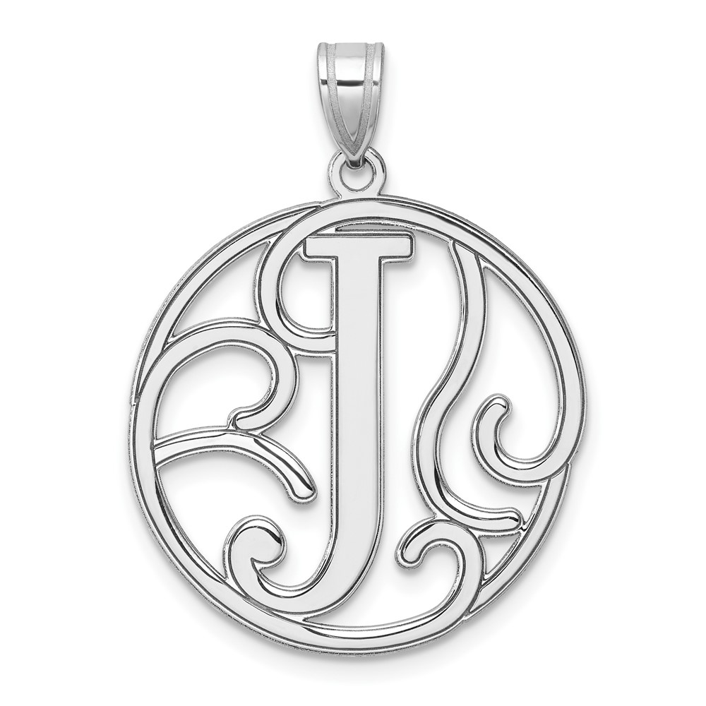 QC11258J.jpg Large Sterling Silver Rhodium-plated Fancy Script Letter J Initial Pendant - Image 1