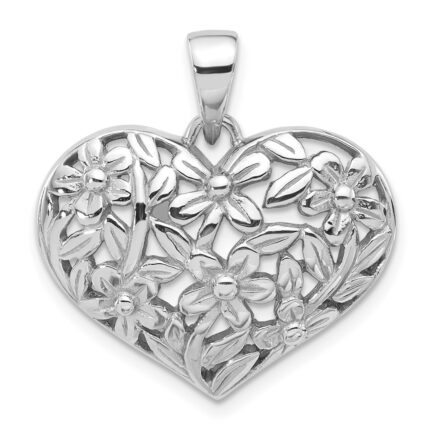 Sterling Silver Rhodium-Plated Polished Flower Heart Pendant