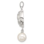 Sterling Silver Polished Textured Domed Flower with Dangle Pearl Pendant - Image 2