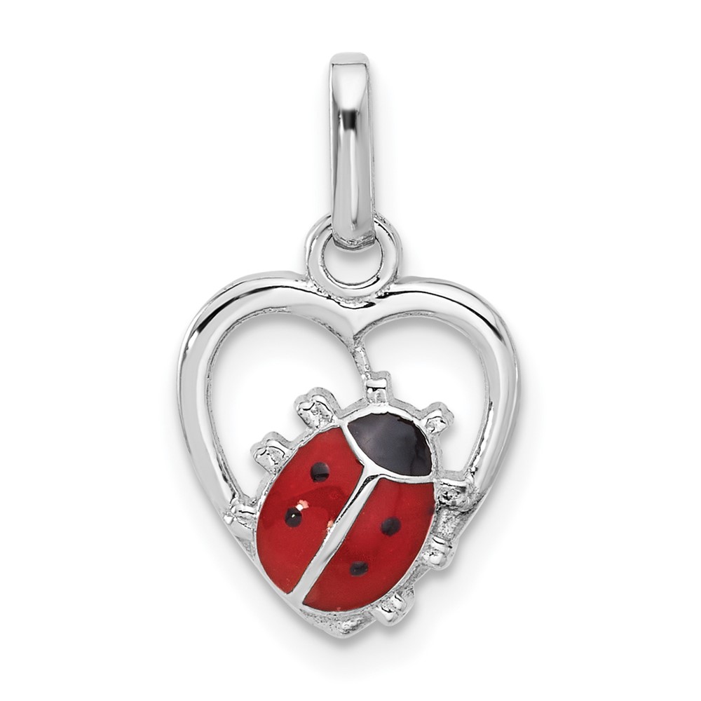 QC11328.jpg Sterling Silver Rhodium-plated Enameled Ladybug in Heart Pendant - Image 1