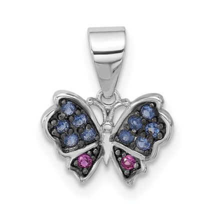 SS Rhodium and Blk Rh-plated Blue Nano Crystal /.02Lab Cr. Ruby Pendant