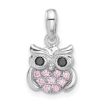 Sterling Silver Rhodium-plated Pink/Black CZ Owl Pendant