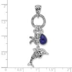 Sterling Silver Rhodium-plated Antiqued Lapis Lazuli Dolphin and Starfish Pendant - Image 4