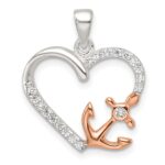 Sterling Silver Rose-tone Polished CZ Anchor Heart Pendant