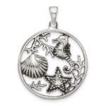 Sterling Silver Polished and Antiqued Sea Life Circle Pendant