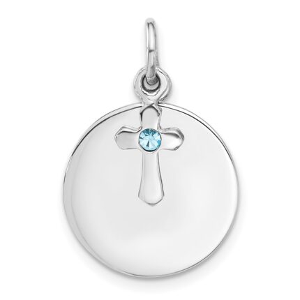 SS Rhodium-plated Circle Disk and Cross with Blue Crystal Pendant