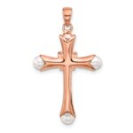 Sterling Silver Rose-tone Heart CZ and Synthetic Pearl Cross Pendant - Image 3