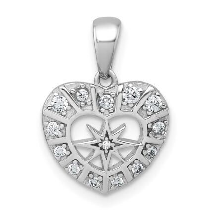Sterling Silver Rhodium-plated Polished CZ Star in Heart Pendant