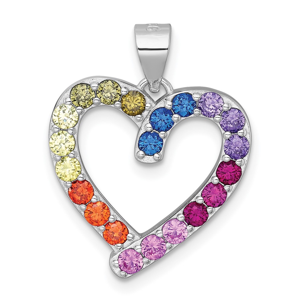 QC11555.jpg Sterling Silver Rhodium-plated Polished Multi-color Rainbow CZ Open Heart Pendant - Image 1