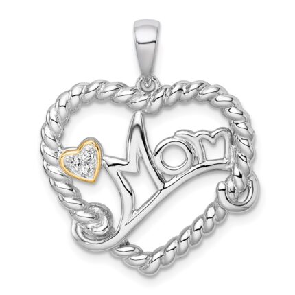 Sterling Silver Rhodium-plated with 14k Accent Polished CZ MOM Rope Heart Pendant