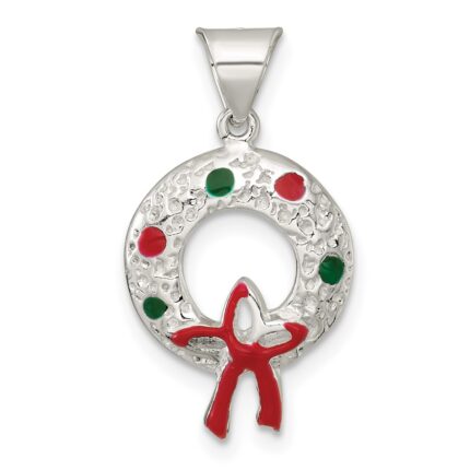 Sterling Silver Polished and Textured Enameled Wreath Charm