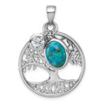 Sterling Silver Rhodium-plated Polished CZ and Compressed Turquoise Cabochon Tree of Life Pendant