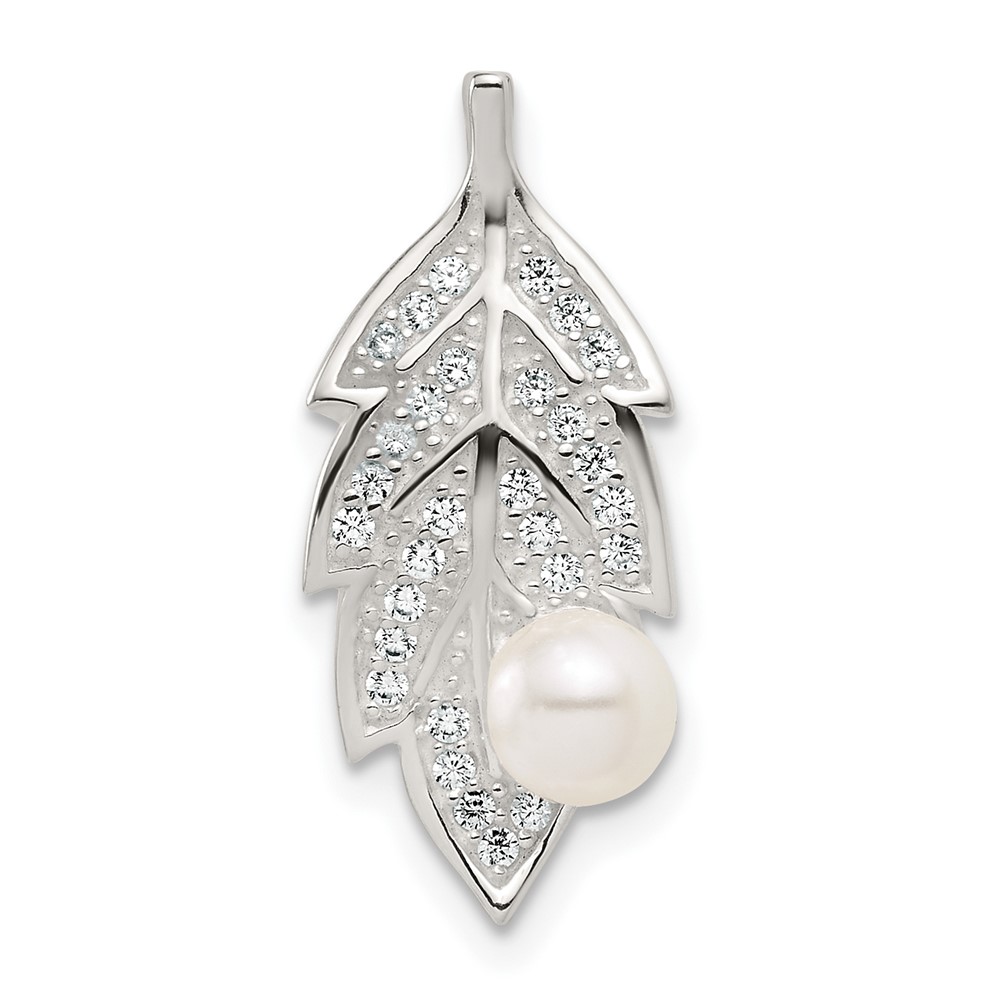 QC11566.jpg Sterling Silver Polished CZ and Acrylic Pearl on Leaf Chain Slide Pendant - Image 1
