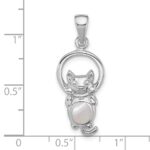 Sterling Silver Rhodium-plated Polished Mother of Pearl Cat Hanging on Ring Pendant - Image 4