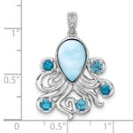 Sterling Silver Rhodium-plated Polished Larimar, White and Blue Topaz Octopus Pendant - Image 4