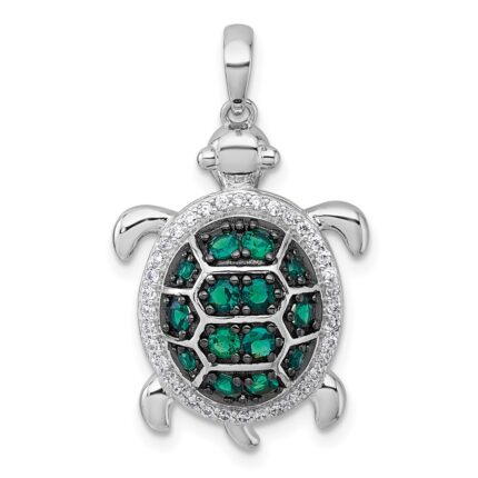 Sterling Silver White and Black Rhodium-plated White and Green CZ Turtle Pendant