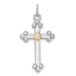 Sterling Silver Rhodium-plated with 14k Accent Polished CZ Budded Cross Pendant