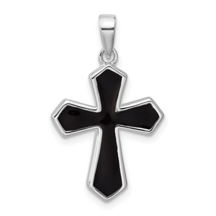 Sterling Silver Rhodium-plated Polished Black Enameled Cross Pendant