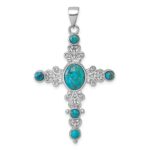 Sterling Silver Rhodium-plated Polished Compressed Turquoise Cabochons Fancy Cross Pendant