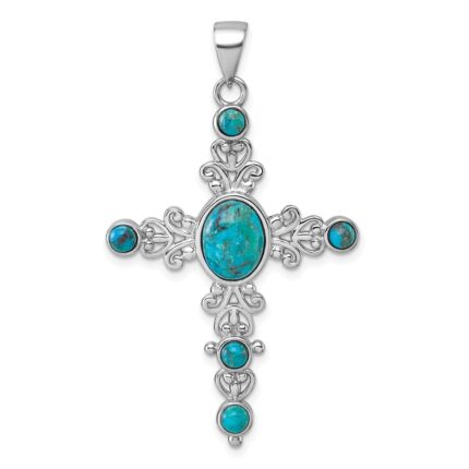 Sterling Silver Rhodium-plated Polished Compressed Turquoise Cabochons Fancy Cross Pendant
