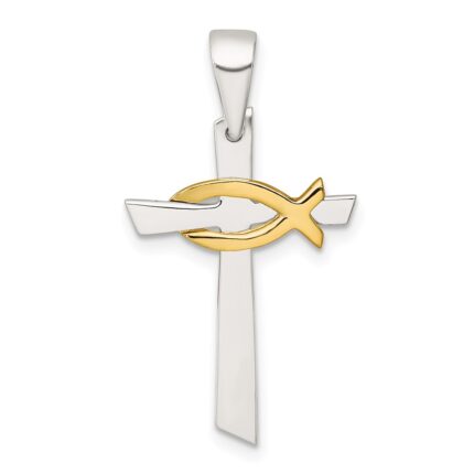 Sterling Silver Polished Cross with Gold-tone Ichthus Fish Pendant