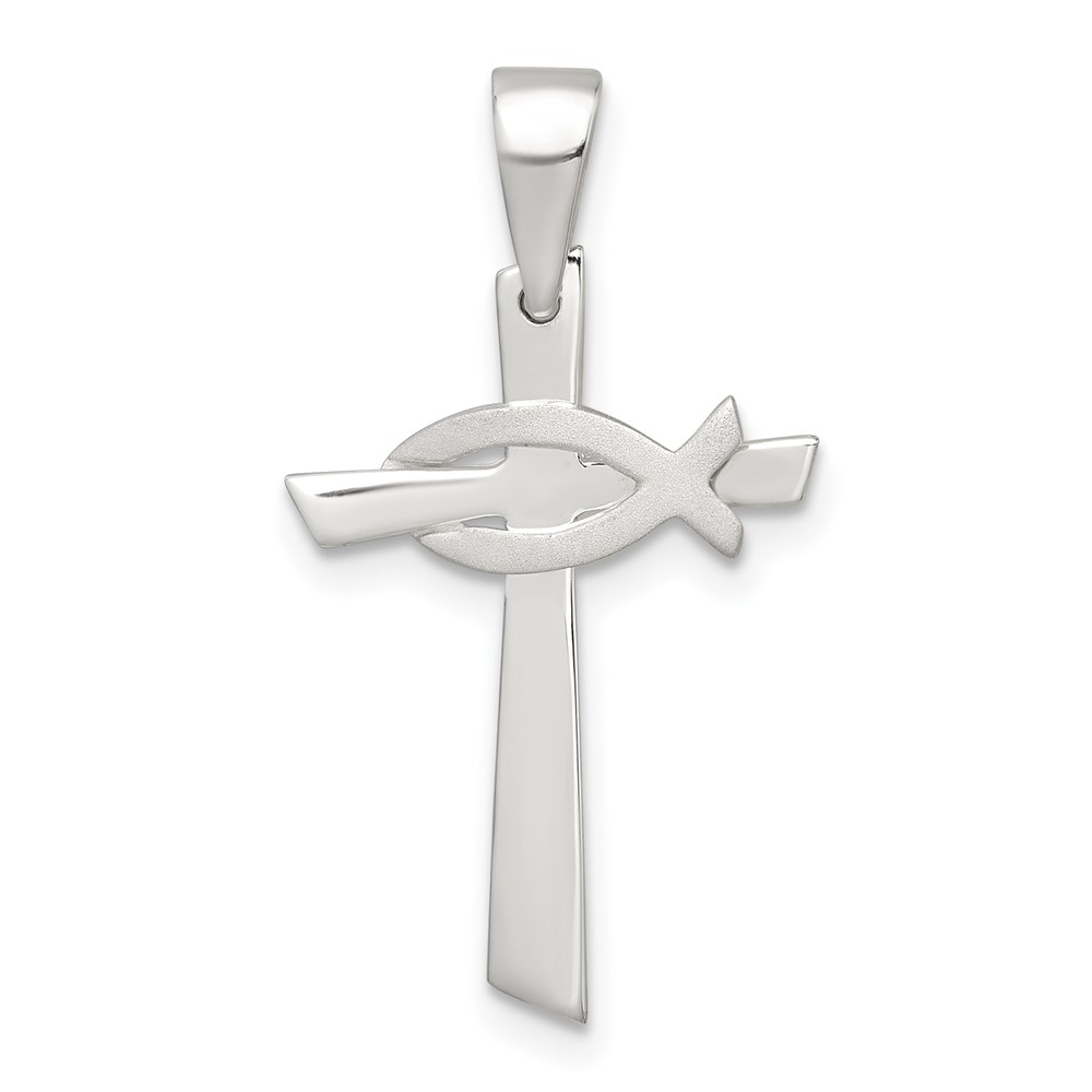 QC11627.jpg Sterling Silver Polished Cross with Brushed Ichthus Fish Pendant - Image 1