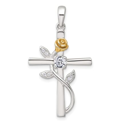 Sterling Silver E-Coat Polished Cross with CZ and Gold-tone Rose Pendant