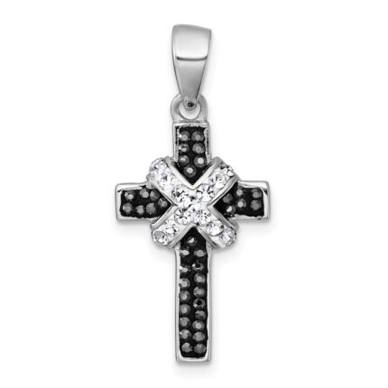 sterling Silver Rhodium-plated Black And White Crystal -X- Cross Pendant