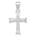 Sterling Silver Polished Tapered Baguette CZ Cross Pendant