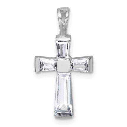 Sterling Silver Rhodium-plated Polished Baguette CZ Cross Pendant