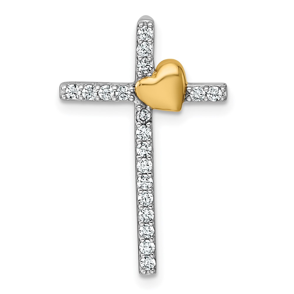 QC11648.jpg Sterling Silver Rhodium-plated with Gold-plated Heart Polished CZ Cross Chain Slide Pendant - Image 1
