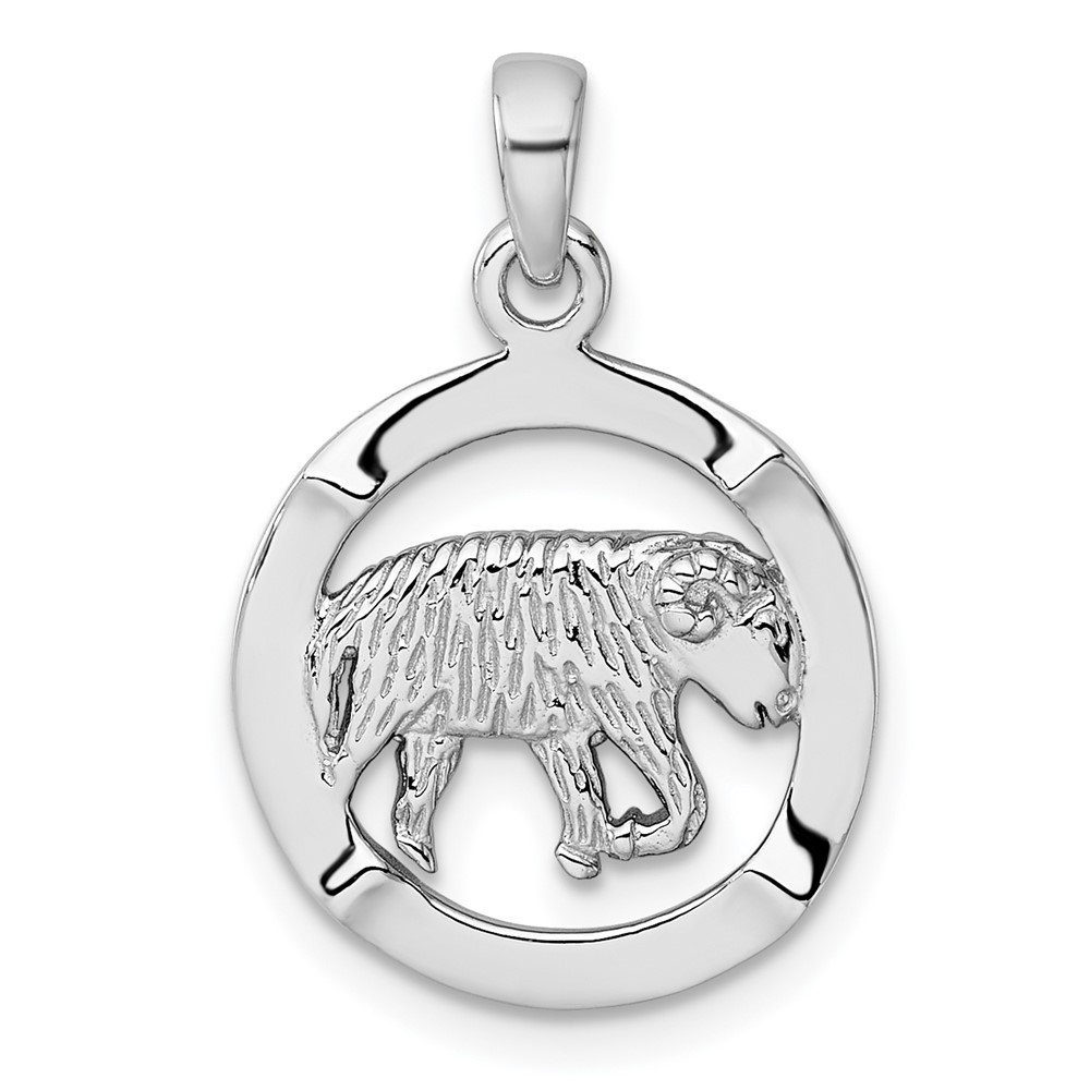QC11660.jpg Sterling Silver Rhodium-plated Polished Reversible Aries Ram in Circle Zodiac Pendant - Image 1